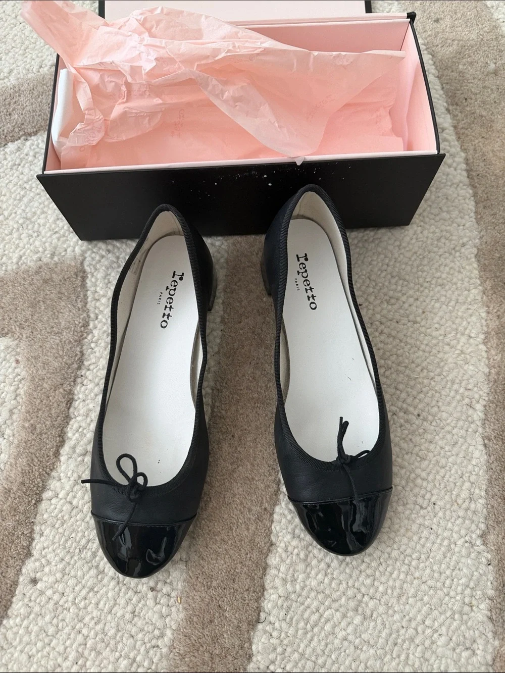 Repetto Black Leather Ballet Pumps with Patent Toe and Low Block Heel